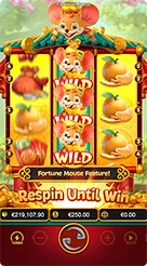 Fortune Mouse · Identifikasi susunan simbol gulungan tiga kolom dan kemunculan simbol Wild bertumpuk.